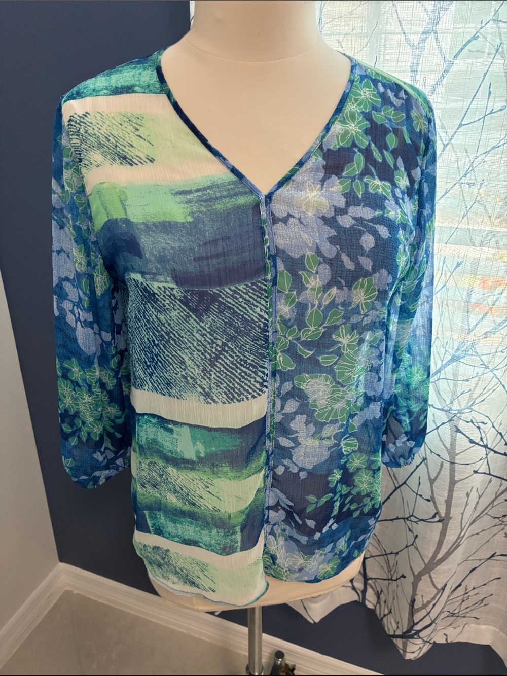Chico’s Blue & Green Sheer Floral V-Neck Blouse